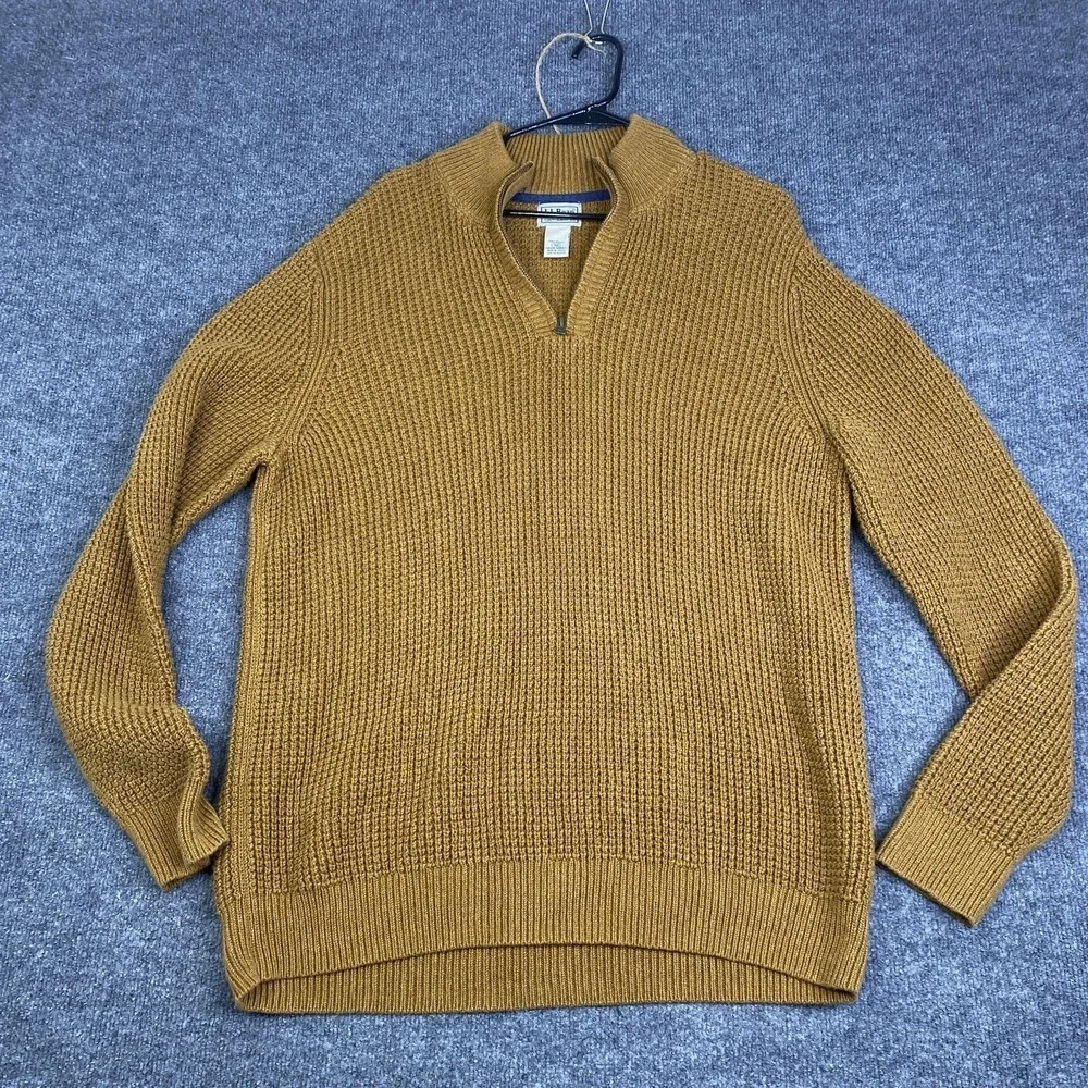 LL Bean Sweater Mens LT Brown 100% Organic Cotton Waffle Knit 1/4 Zip Mock Neck